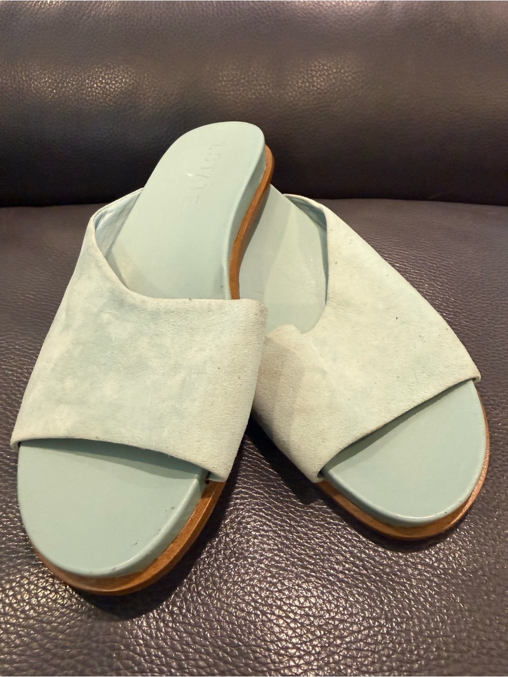 Size 9 Seaglass Aqua Suede Slide Asymmetrical Sandals Leather Preppy Modern